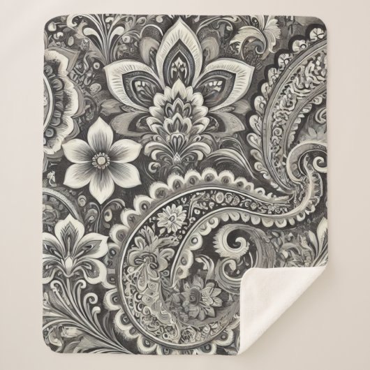 Monochrome Floral Paisley Elegance Sherpadecke (Vorderseite)