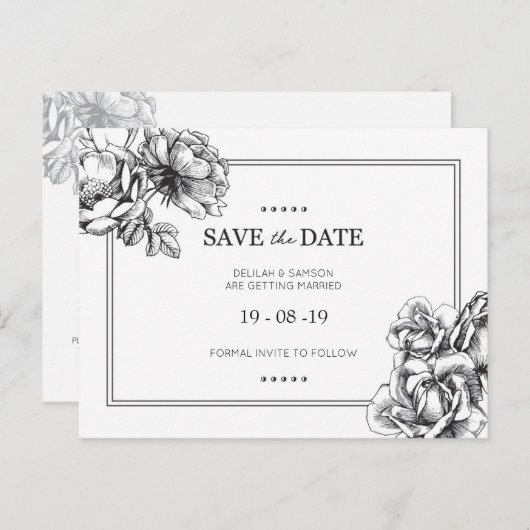 Monochrome florale Hochzeit Speichern Sie das Datu Ankündigungspostkarte (Vorne/Hinten)