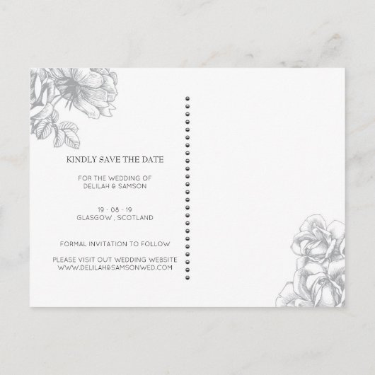 Monochrome florale Hochzeit Speichern Sie das Datu Ankündigungspostkarte (Rückseite)