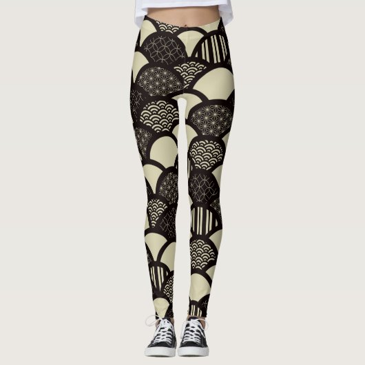 Monochrome geometrische Wellenmuster Leggings (Vorderseite)
