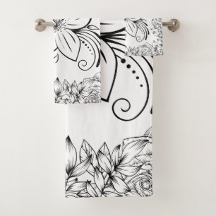 Monochrome grafische Kunst, schöne Blume Badhandtuch Set