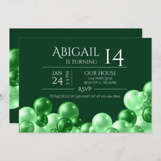 Monochrome Grünballon Arch Moderner Geburtstag Einladung (Vorne/Hinten)