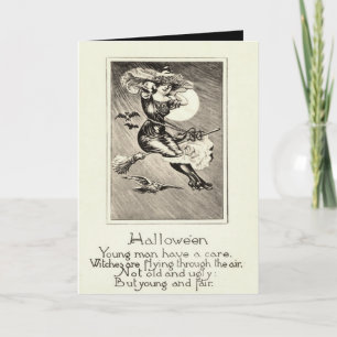 Monochrome Hexe fliegt Besen Eule Fledermaus Vollm Karte