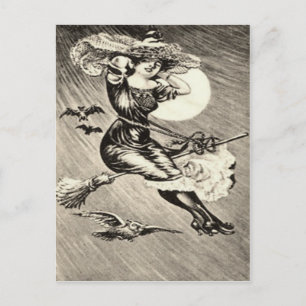 Monochrome Hexe fliegt Besen Eule Fledermaus Vollm Postkarte