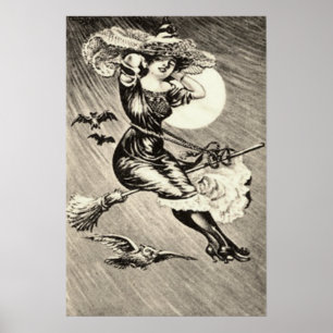 Monochrome-Hexe fliegt Besen Fledermaus Vollmond Poster
