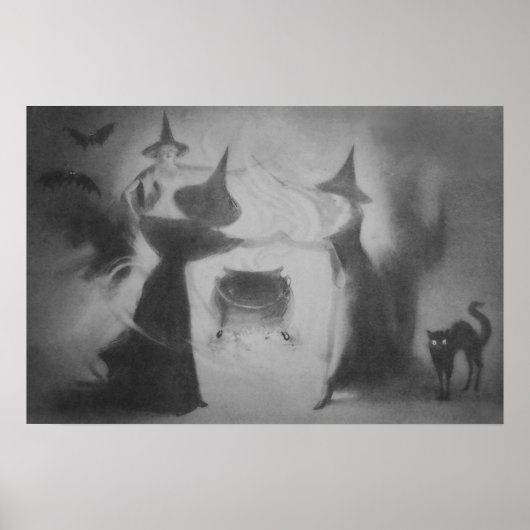 Monochrome Hexenkatze Bat Night Cauldron Black Cat Poster (Vorne)