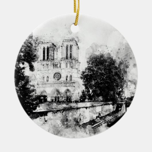 Monochrome Illustration der Kathedrale Notre-Dame Keramik Ornament (Vorne)