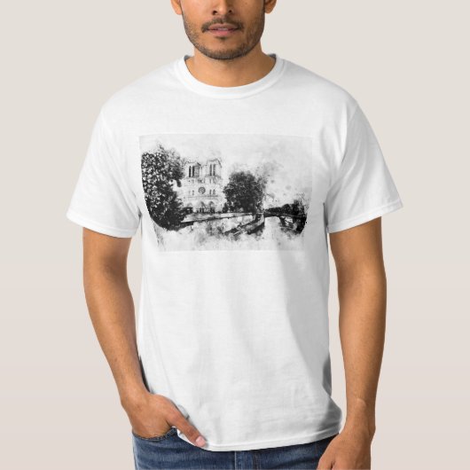 Monochrome Illustration der Kathedrale Notre-Dame T-Shirt (Vorderseite)
