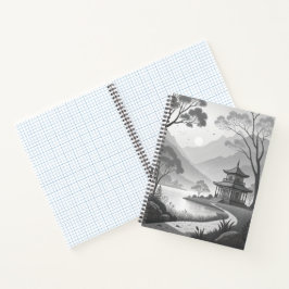 Monochrome Japanese Pavilion by Lakeside Path Notizblock