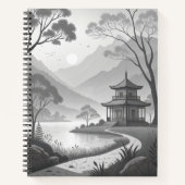 Monochrome Japanese Pavilion by Lakeside Path Notizblock (Vorderseite)