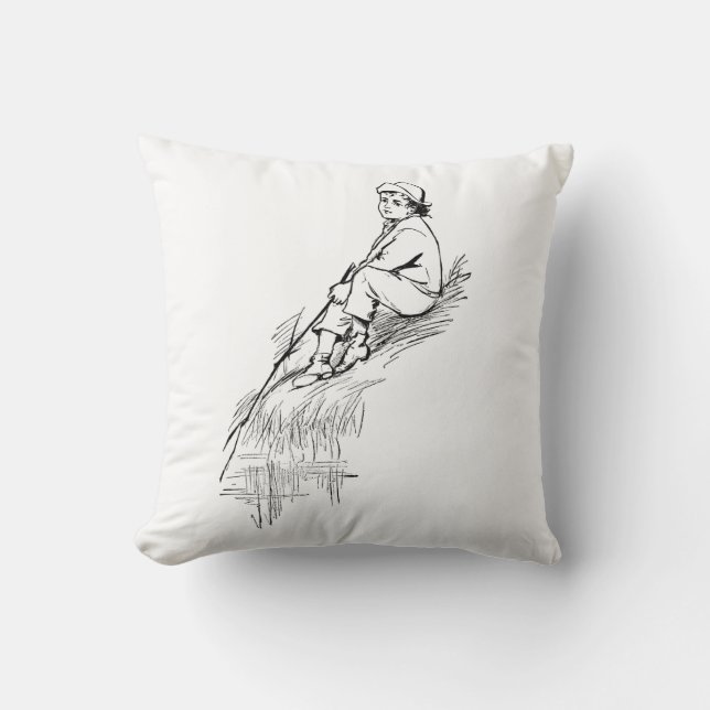 Monochrome kleine Junge Vintage Fischerei Kindheit Kissen (Vorderseite)