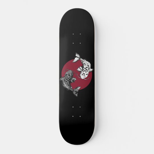Monochrome Koi-Karpfen auf rotem Kreis Skateboard (Vorderseite)