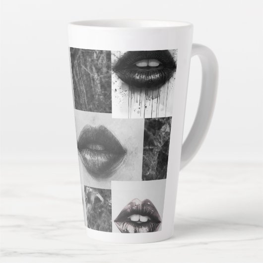 Monochrome Lips Latte Mug – Stylish Black & White Milchtasse (Rechte Ecke)