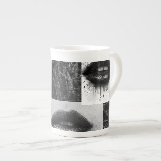 Monochrome Lips Specialty Mug  Elegant Black White Porzellantasse (Vorderseite Rechts)