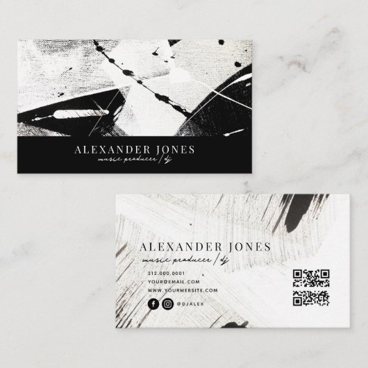 Monochrome Maskuline Pinselstriche QR-Code Visitenkarte (Vorne/Hinten)