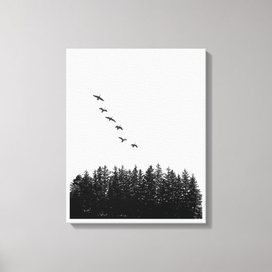 Monochrome Minimalistische Fliegengänse und Kiefer Leinwanddruck (Vorderseite)