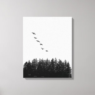 Monochrome Minimalistische Fliegengänse und Kiefer Leinwanddruck