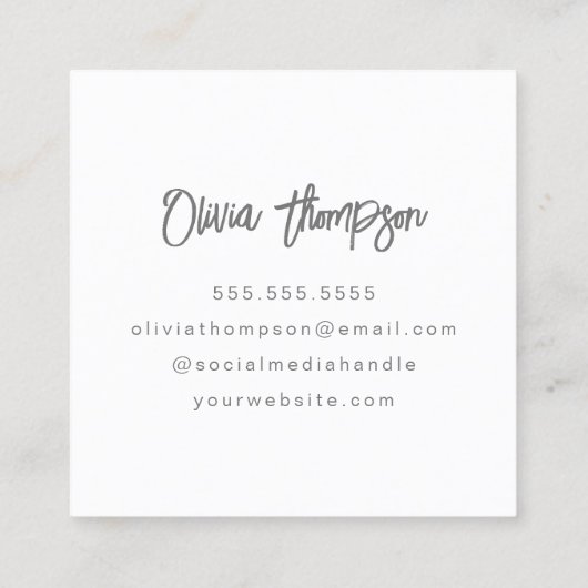 Monochrome Modern White Trendy Script Monogram Quadratische Visitenkarte (Rückseite)