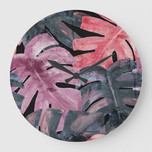 Monochrome Monstera: Watercolor Tropical Pattern. Große Wanduhr (Vorderseite)