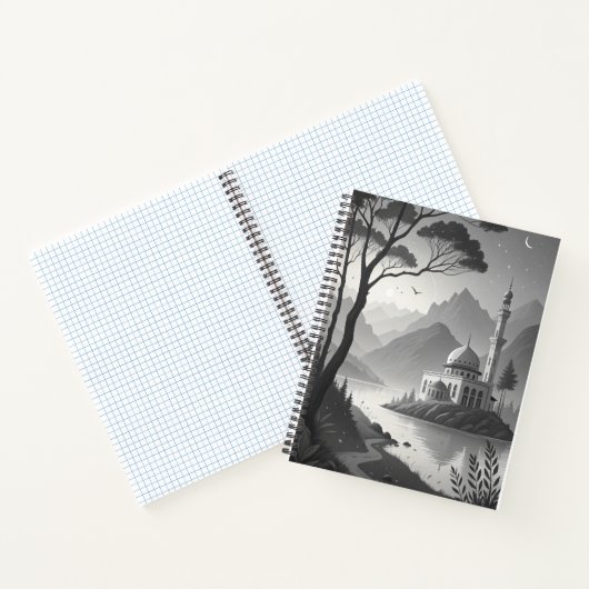 Monochrome Mosque Landscape with Mountain Lake Vie Notizblock (Innenseite)