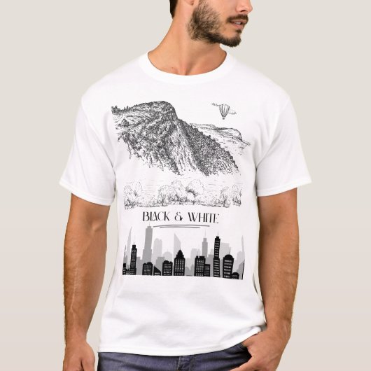 Monochrome Mountain City Skyline Art Black White T-Shirt (Vorderseite)