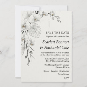 Monochrome Orchidee, Monstera-Blatt, Bogenmotiv un Einladung