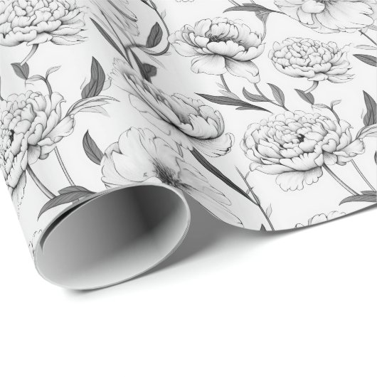 Monochrome Peony Blume Muster Geschenkpapier (Rolleneckpunkt)