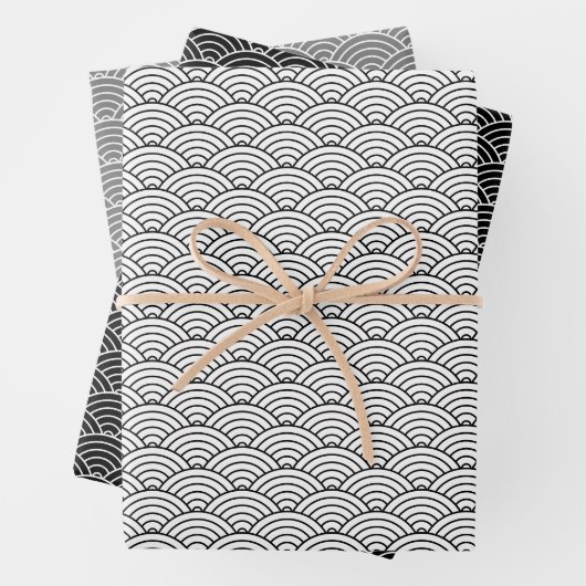 Monochrome Schwarz-weiß Grau-Japanischer Wave Geschenkpapier Set (Beispiel)