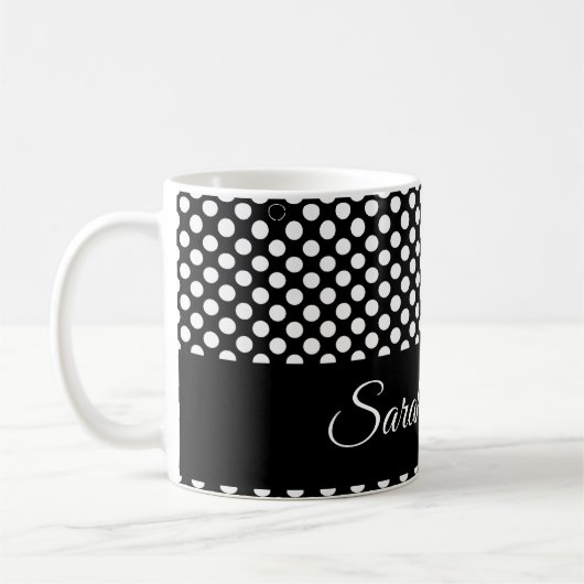 monochrome schwarz-weiße Polka-Punkte Kaffeetasse (Links)