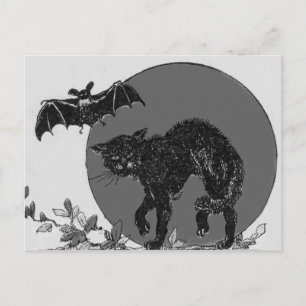 Monochrome Schwarze Katze Fledermaus Vollmond Postkarte