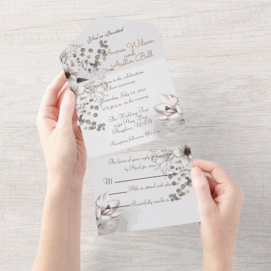 Monochrome Sepia-Aquarellfarben-Blume All In One Einladung (Abreißen)