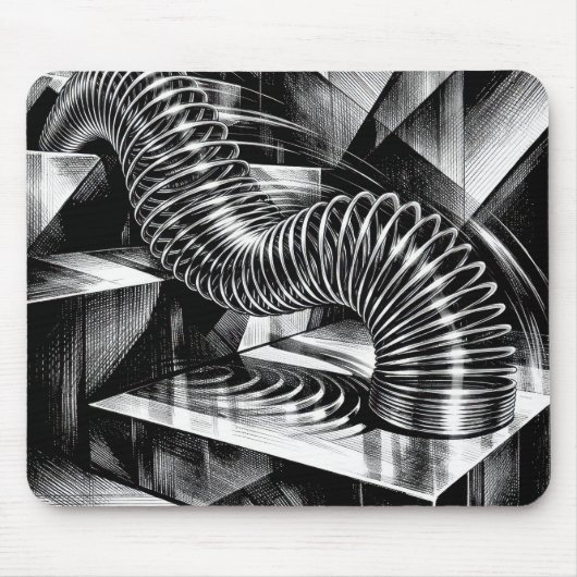 Monochrome Slinky fällt chromglänzende Treppe hinu Mousepad (Vorne)