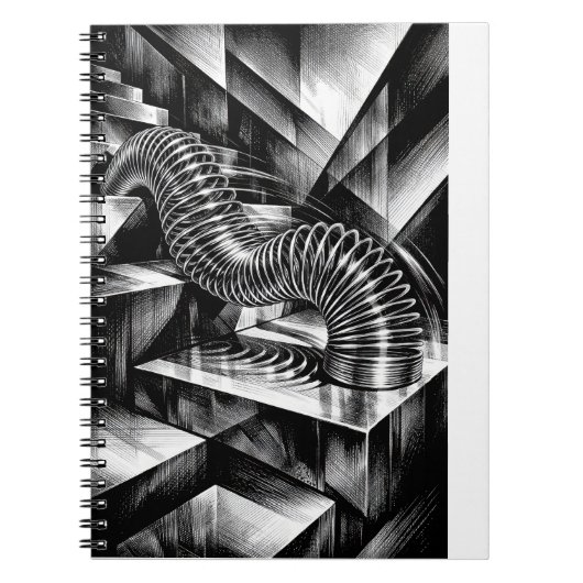 Monochrome Slinky Tumbling Down Chrome Steps Notizblock (Vorderseite)