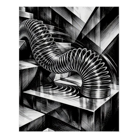Monochrome Slinky Tumbling Down Chrome Steps Poster (Vorderseite)