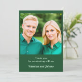 Monochrome Smaragdgrün mit Foto Hochzeit Dankeskarte (Stehend Vorderseite)