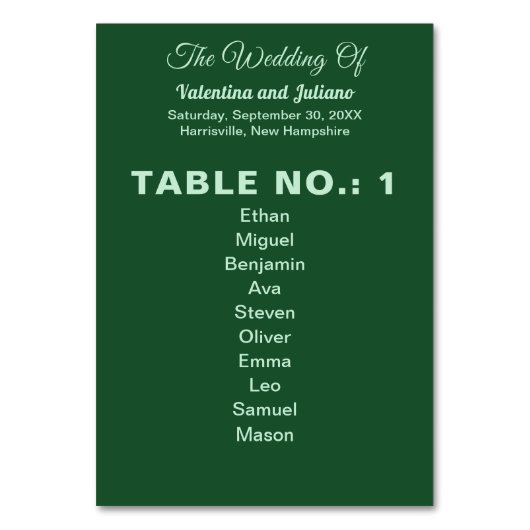 Monochrome Smaragdgrün mit Namen der Gäste Hochzei Tischnummer (Vorderseite)