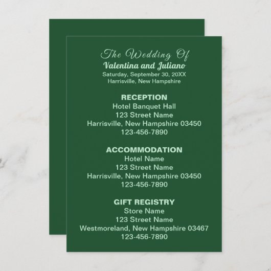 Monochrome Smaragdgrüne Hochzeitskarte Begleitkarte (Vorne/Hinten)