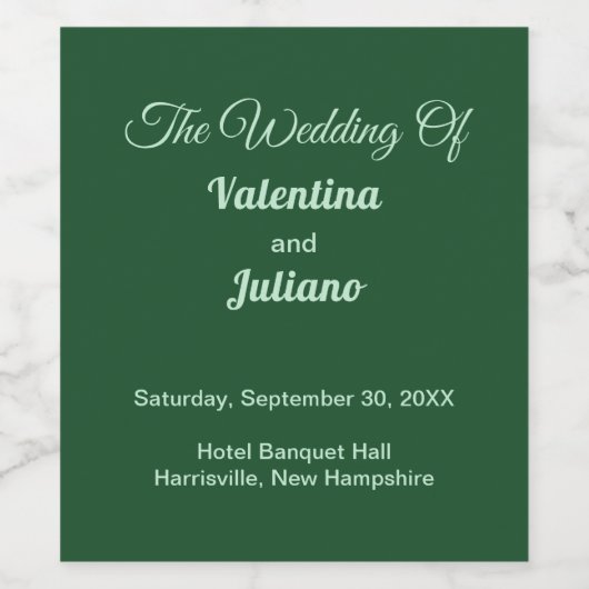 Monochrome Smaragdgrüne Hochzeitsweinflasche Weinetikett (Einzelnes Label)