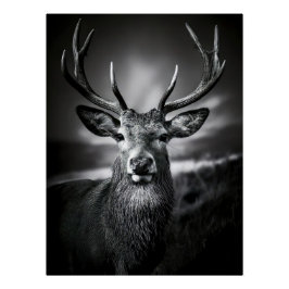 Monochrome Stag Portrait with Impressive Antlers Poster