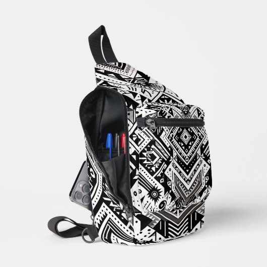 Monochrome Tribal- Bold Symmetrie in Schwarz Crossbody Bag (Offen)