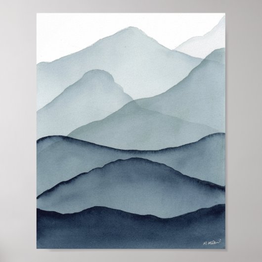 Monochrome Wasserfarben Berge Poster (Vorne)