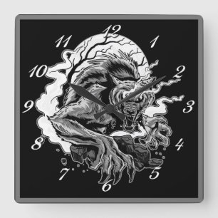 Monochrome Werewolf Moon Quadratische Wanduhr