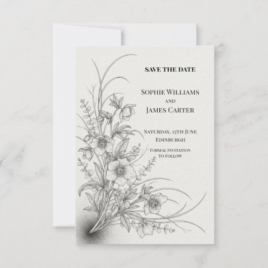 Monochrome Wildblumen-Hochzeit - Save The Date (Vorderseite)