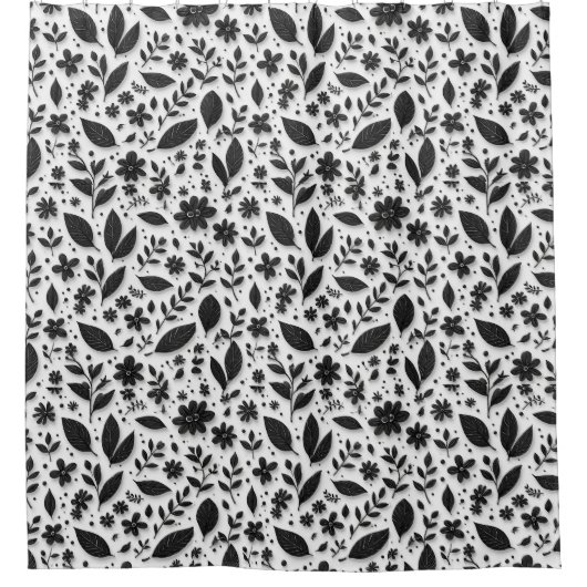Monochromes Blumenmuster mit Blättern und Blüten Duschvorhang (Vorderseite)