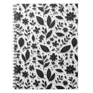 Monochromes Blumenmuster mit Blättern und Blüten Notizblock