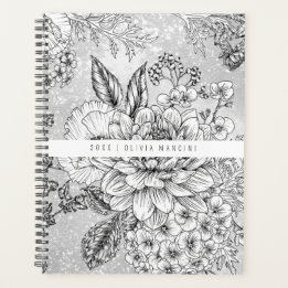 Monochromes graues Vintage-Blumenmuster Planer