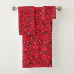 Monochromes hellrotes Retro-Blumenmuster. Badhandtuch Set