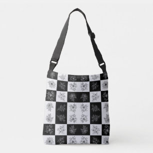 Monochromes Schachbrett Blumen Elegantes Muster Tragetaschen Mit Langen Trägern