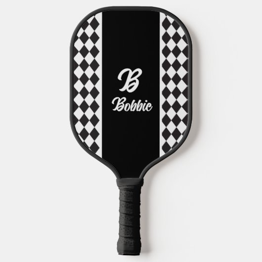 Monochromes Schwarz-Weiß-Argyle-Muster  Pickleball Schläger (Rückseite)
