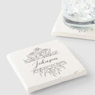 Monochromes Skizzen-Blumen-Monogramm  Steinuntersetzer